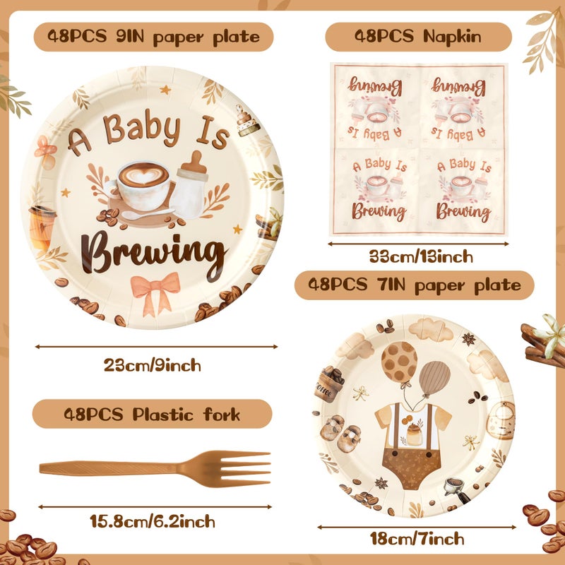 K1tpde Coffee Baby Shower Tableware - 192PCS A Baby Is Brewing Theme Party Tableware Set Included Paper Plates Napkins and Forks, Babies In Bloom Birthday Decorations for Pregnancy Party Supply, 48set - Image 2